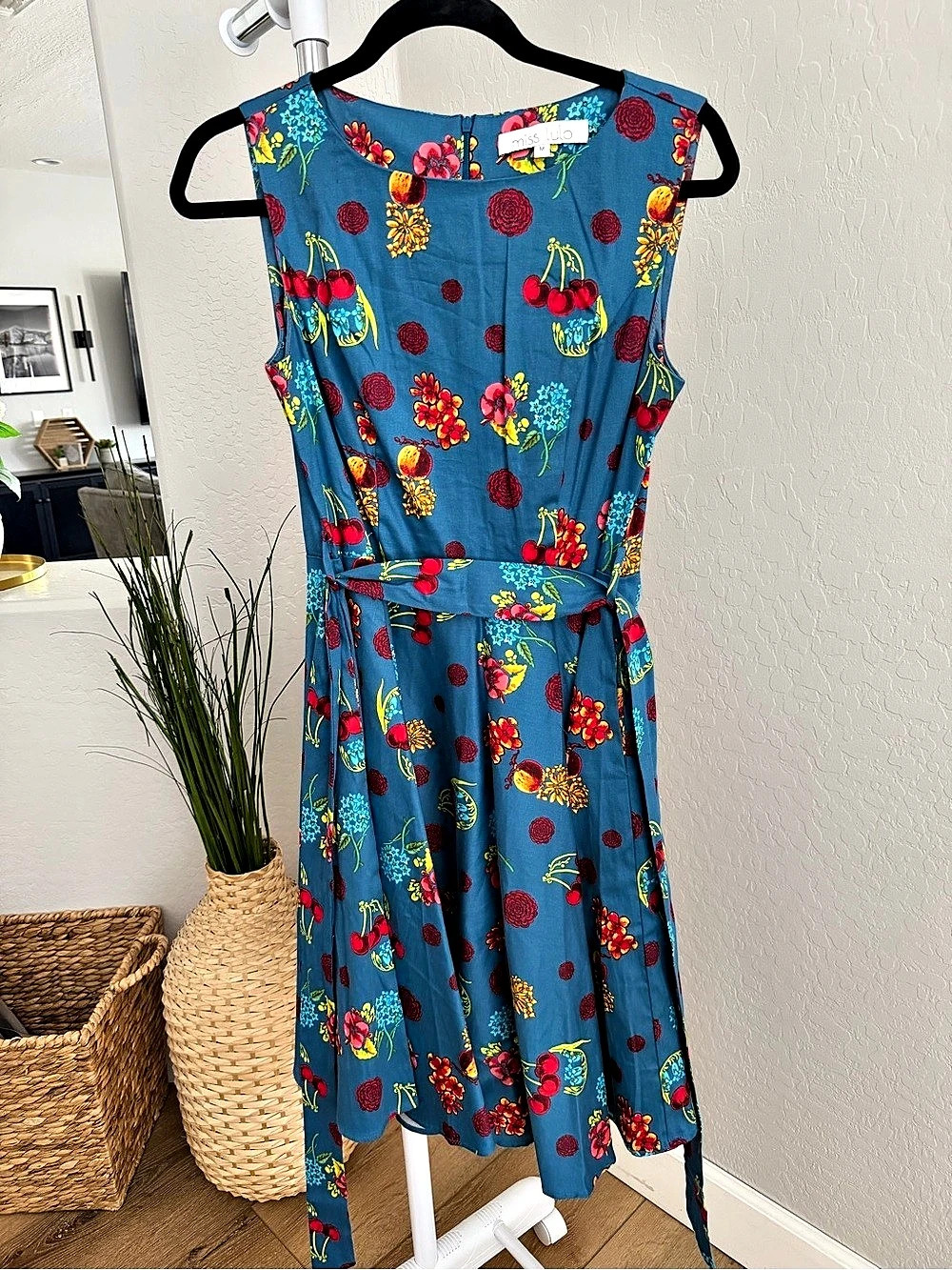 Miss Lulo "Ruby" Cherry Floral Dress Midi Dress, Blue & Red, Medium